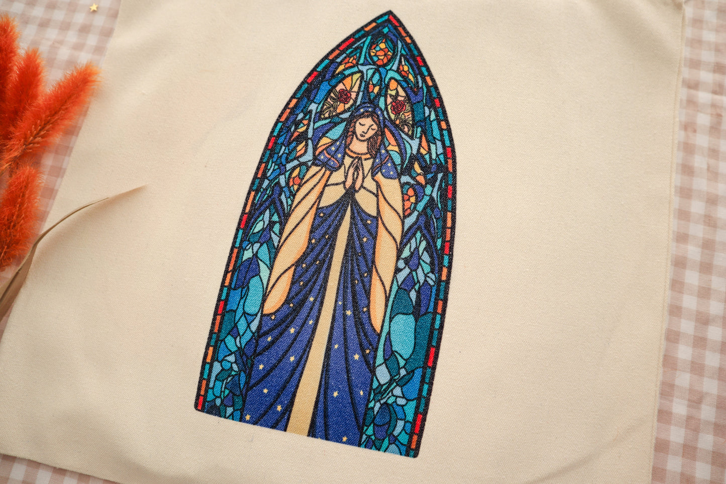 Our Lady Stained Glass Canvas Tote Bag