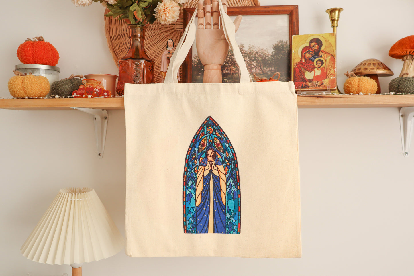 Our Lady Stained Glass Canvas Tote Bag