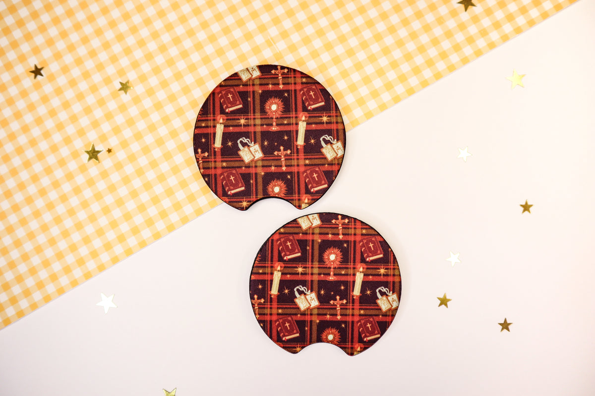 Catholic Symbols Car Coasters - Brown