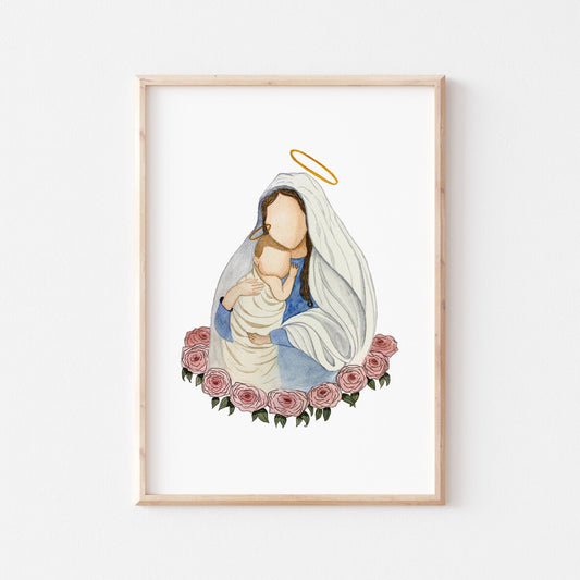 Blessed Mother and Baby Jesus Watercolor Print